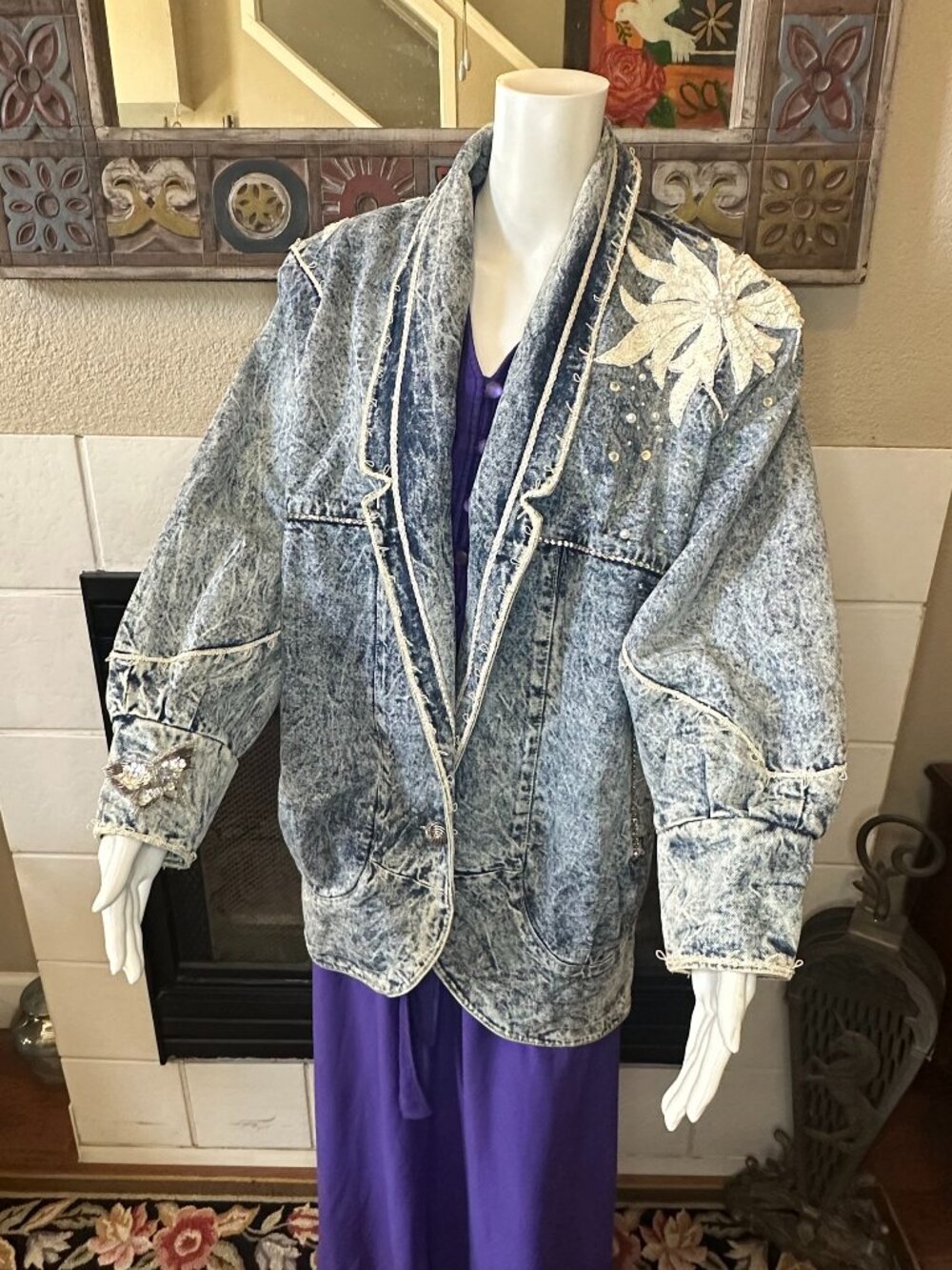 EUNINA Sm Acid Wash Diamond & Pearl Embroidered Jean Jacket 100% Cotton 80s vtg